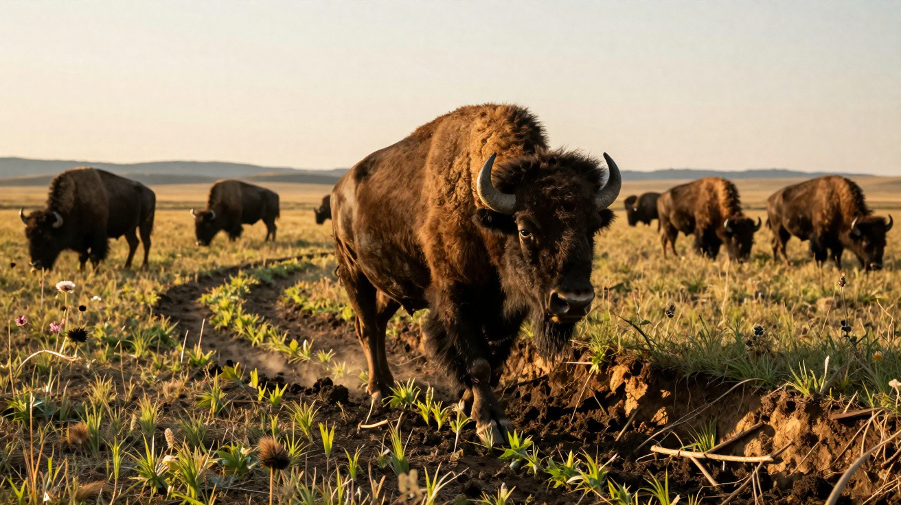 Manada de bisontes a caminhar numa planície com vegetação e flores ao amanhecer.
