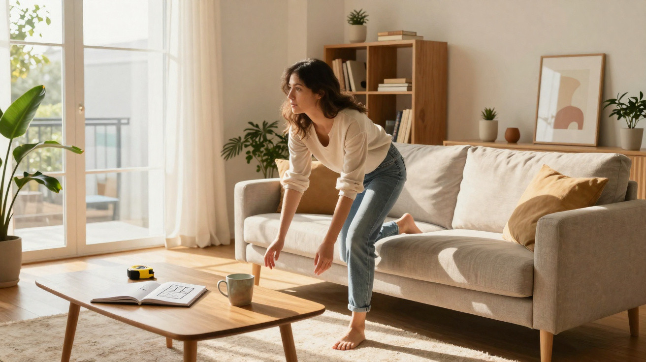 Mulher comgesto de trabalho em mesa de sala iluminada, com plantas e sofá cinza ao fundo.