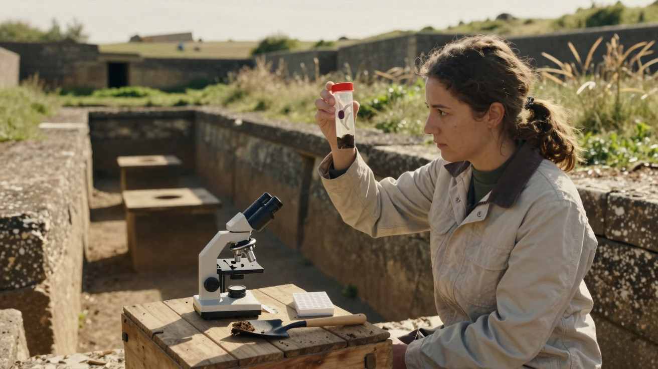 Mulher num sítio arqueológico a analisar amostra de solo com microscópio ao ar livre.