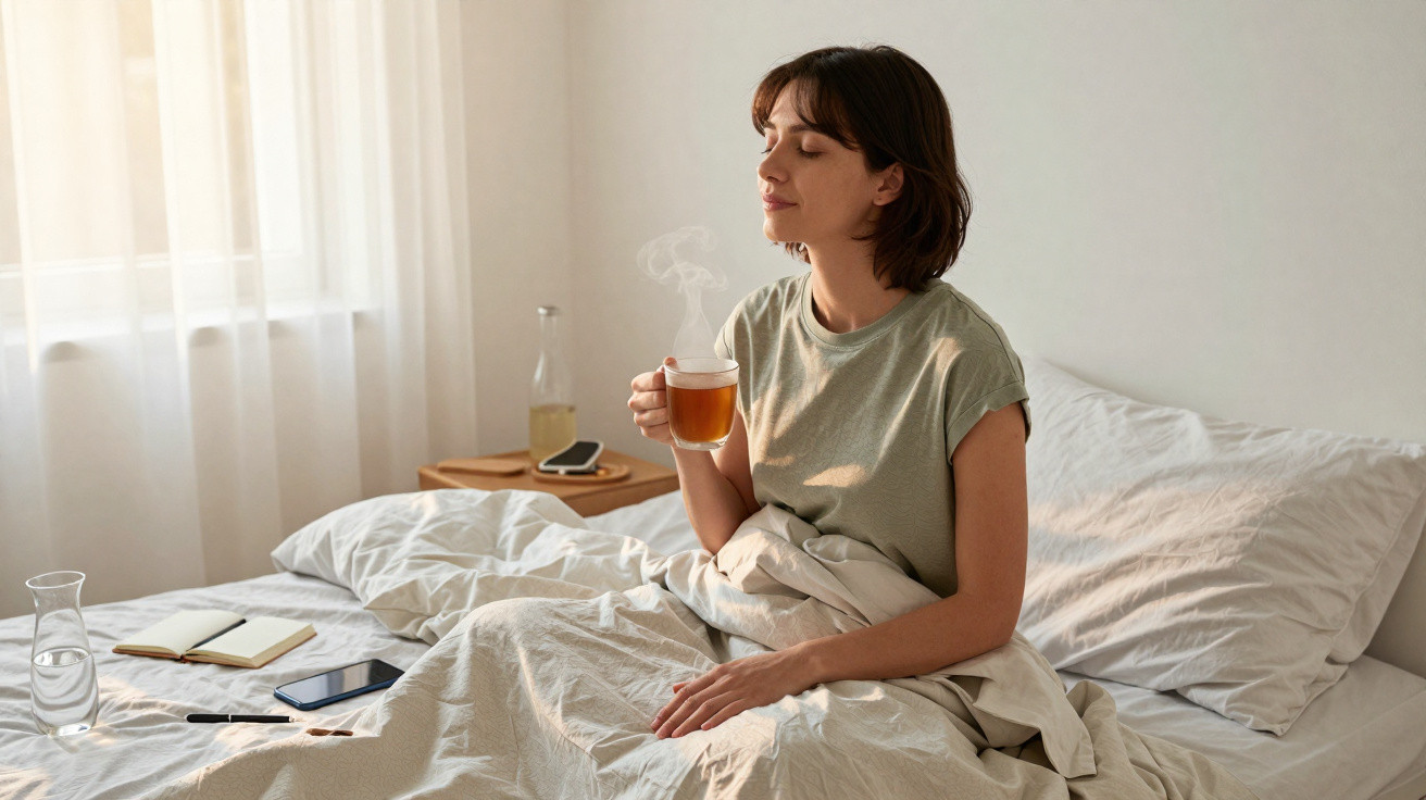 Mulher sentada na cama com chá quente, rodeada por luz natural suave, telemóvel e caderno ao lado.