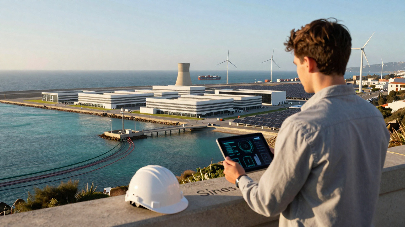 Homem com tablet observa central energética junto ao mar, com turbinas eólicas e casco de navio ao fundo.