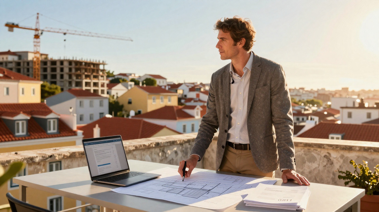 Homem a trabalhar num projeto arquitetónico numa varanda com vista para construções e uma grua ao fundo.