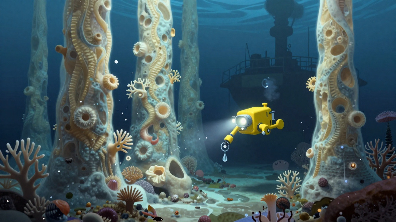 Veículo subaquático amarelo explora formações marinhas brancas e corais no fundo do oceano, com submarino ao fundo.