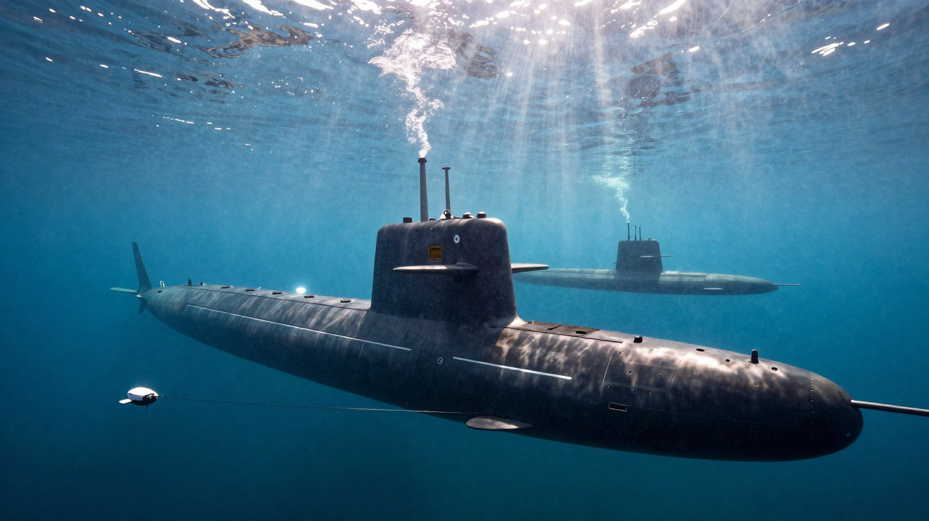 Dois submarinos militares submersos, com drones aquáticos próximos, em águas claras e azuis.