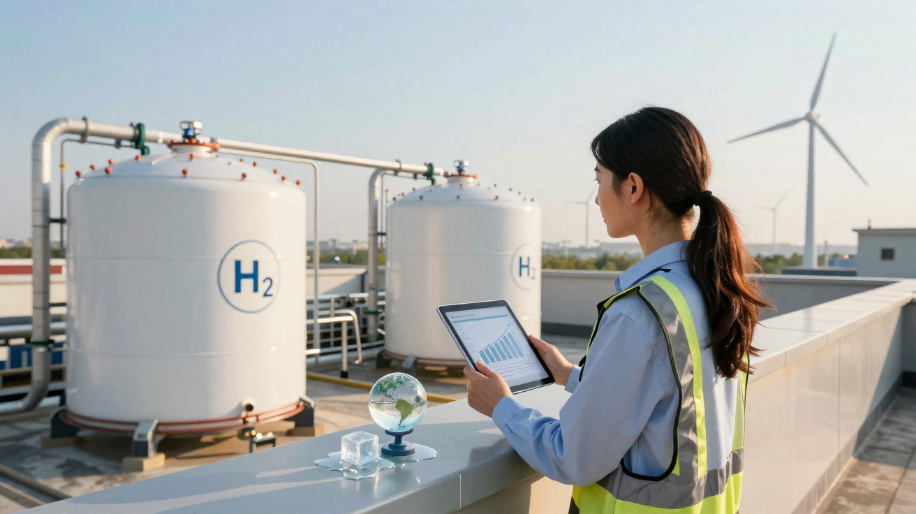Mulher com tablet a analisar gráficos em área industrial de tanques de hidrogénio e turbinas eólicas.