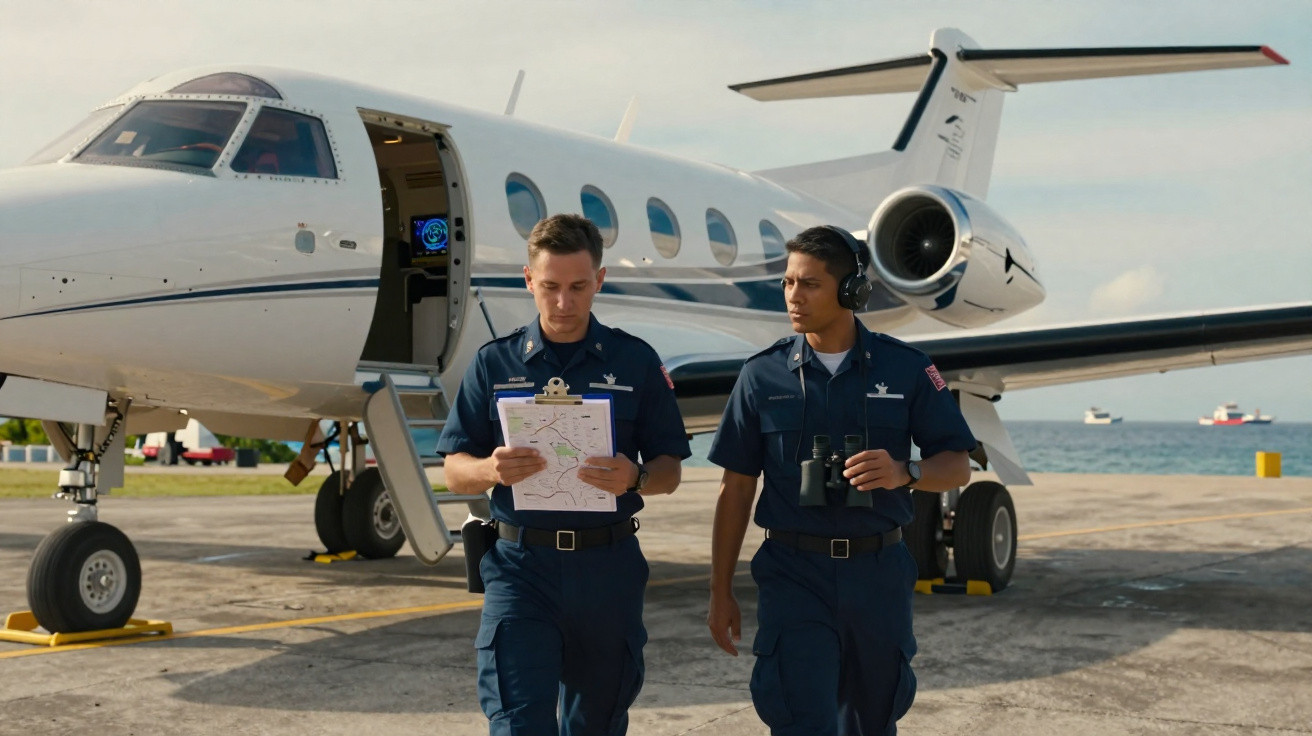 Dois pilotos em uniforme caminham junto a um jato privado estacionado numa pista perto do mar.