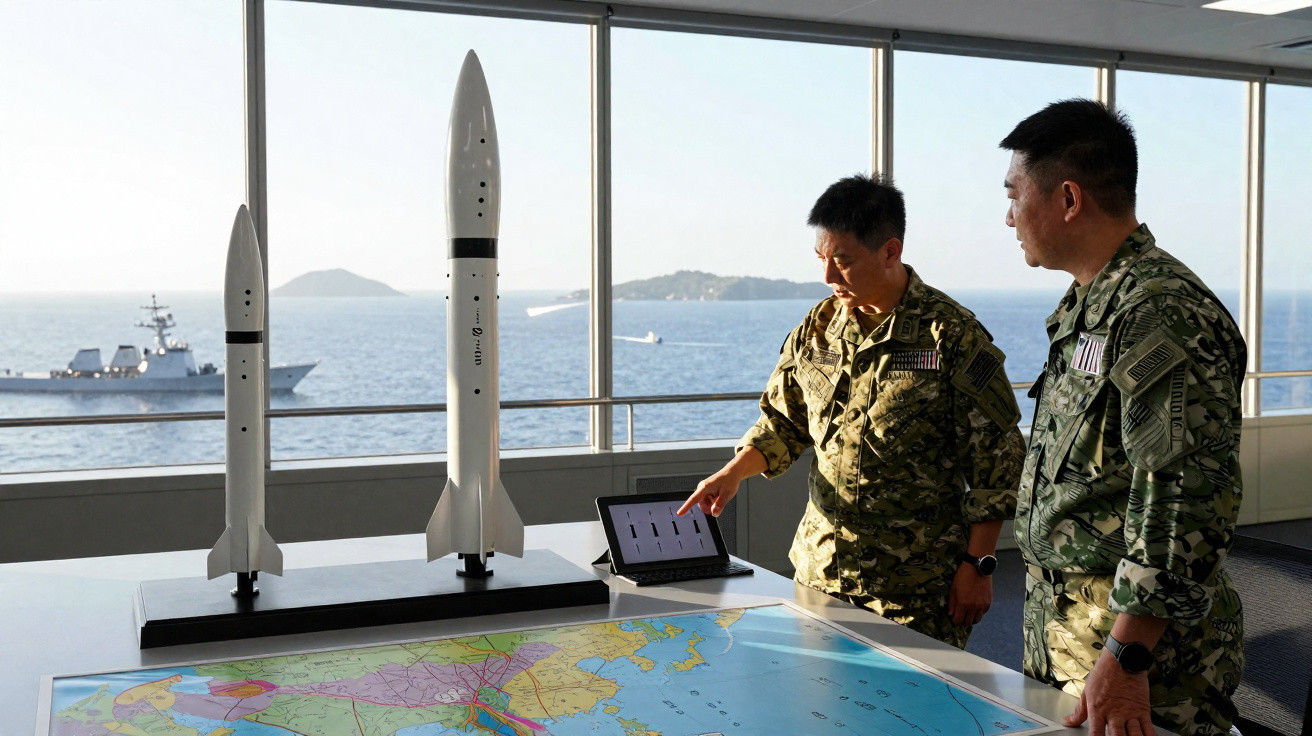 Dois militares a estudar mapas e modelos de mísseis numa sala com vista para o mar e um navio de guerra.