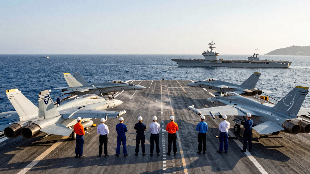 Pessoal naval observa dois caças F/A-18 e um drone a bordo de um porta-aviões no mar aberto.