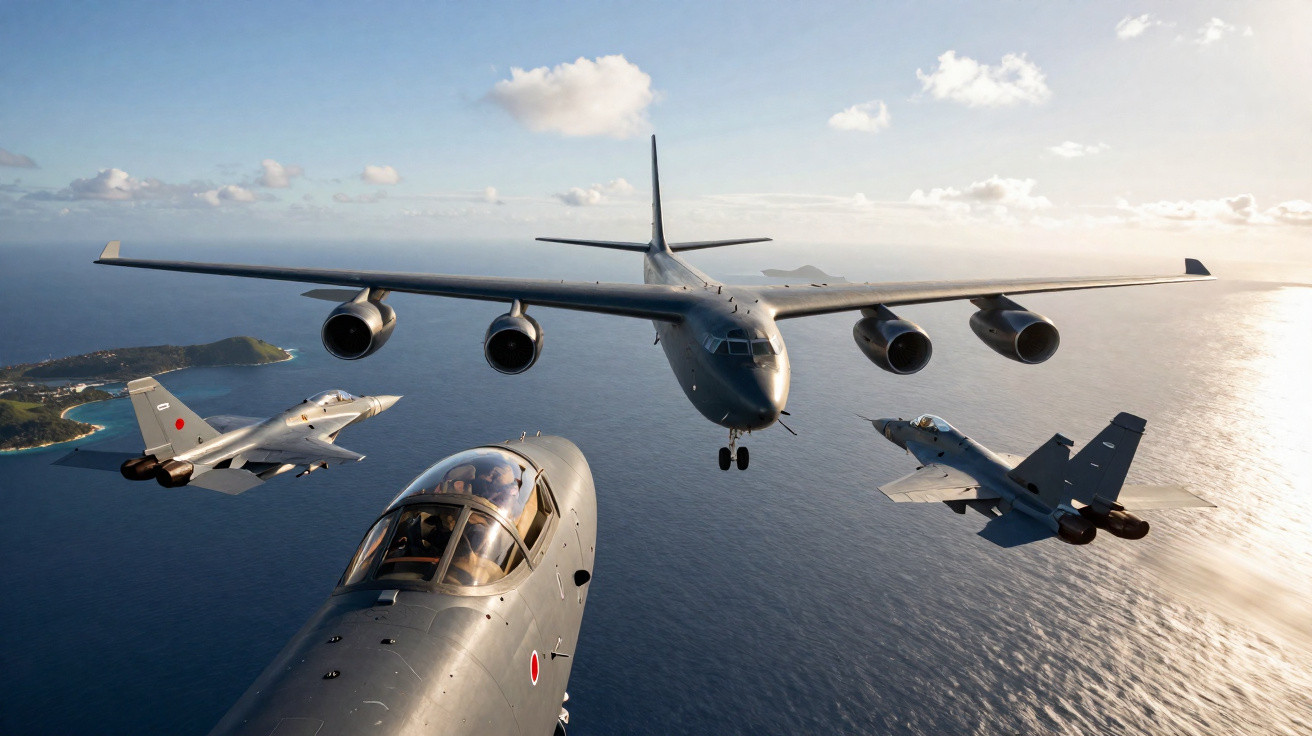 Formação de aviões militares a sobrevoar o mar com o sol ao fundo e ilhas visíveis à distância.