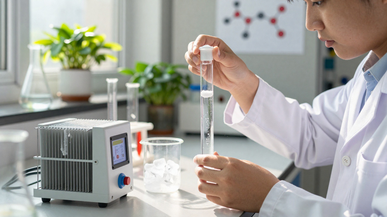 Pessoa com bata branca a manusear tubo de ensaio num laboratório luminoso com plantas e equipamentos científicos.