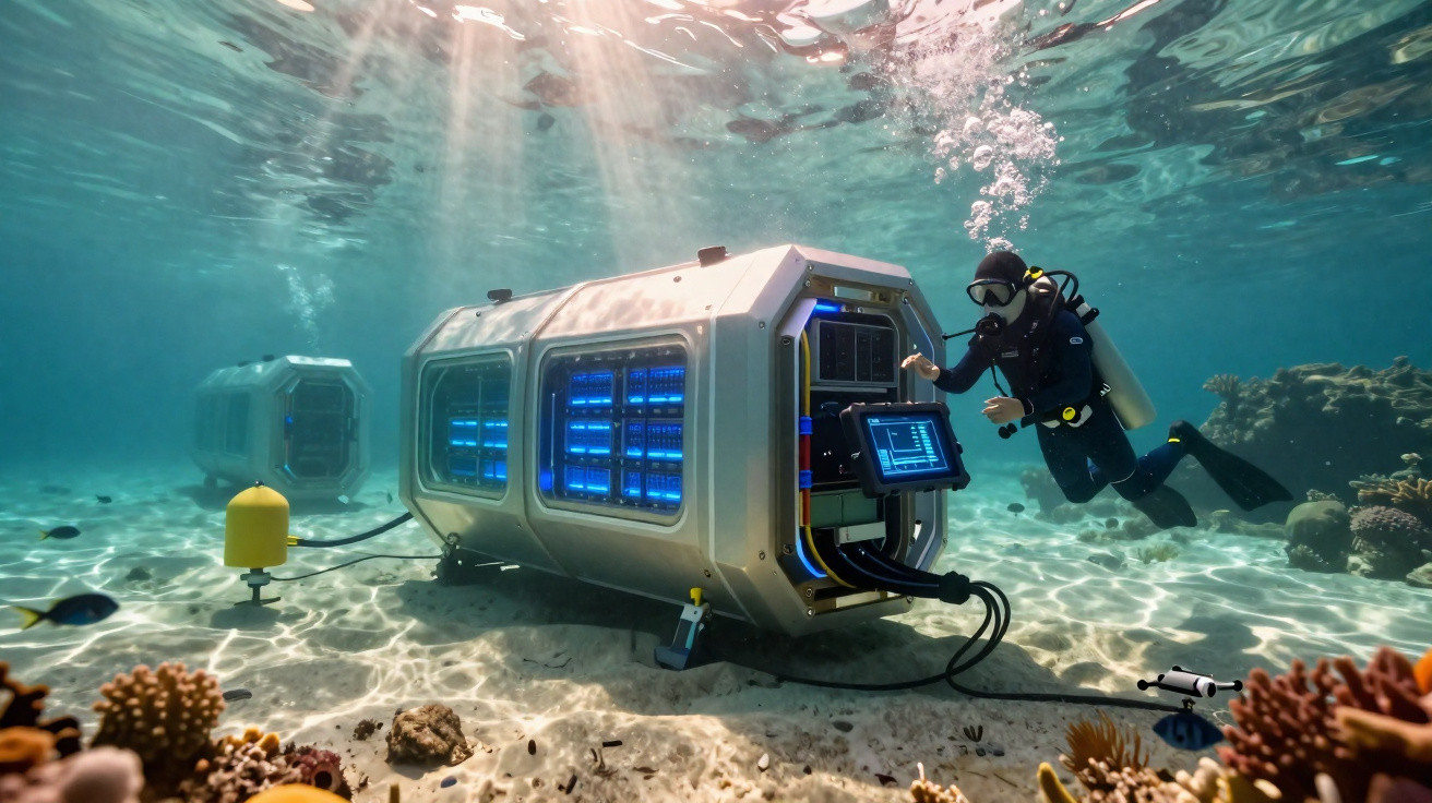 Mergulhador a inspecionar equipamento tecnológico subaquático com drones e estrutura metálica no fundo do mar.