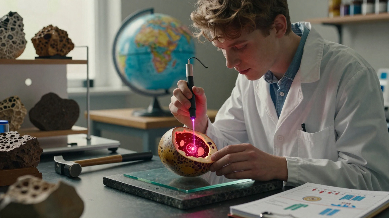 Jovem cientista em laboratório a analisar uma esfera com equipamento de luz vermelha.