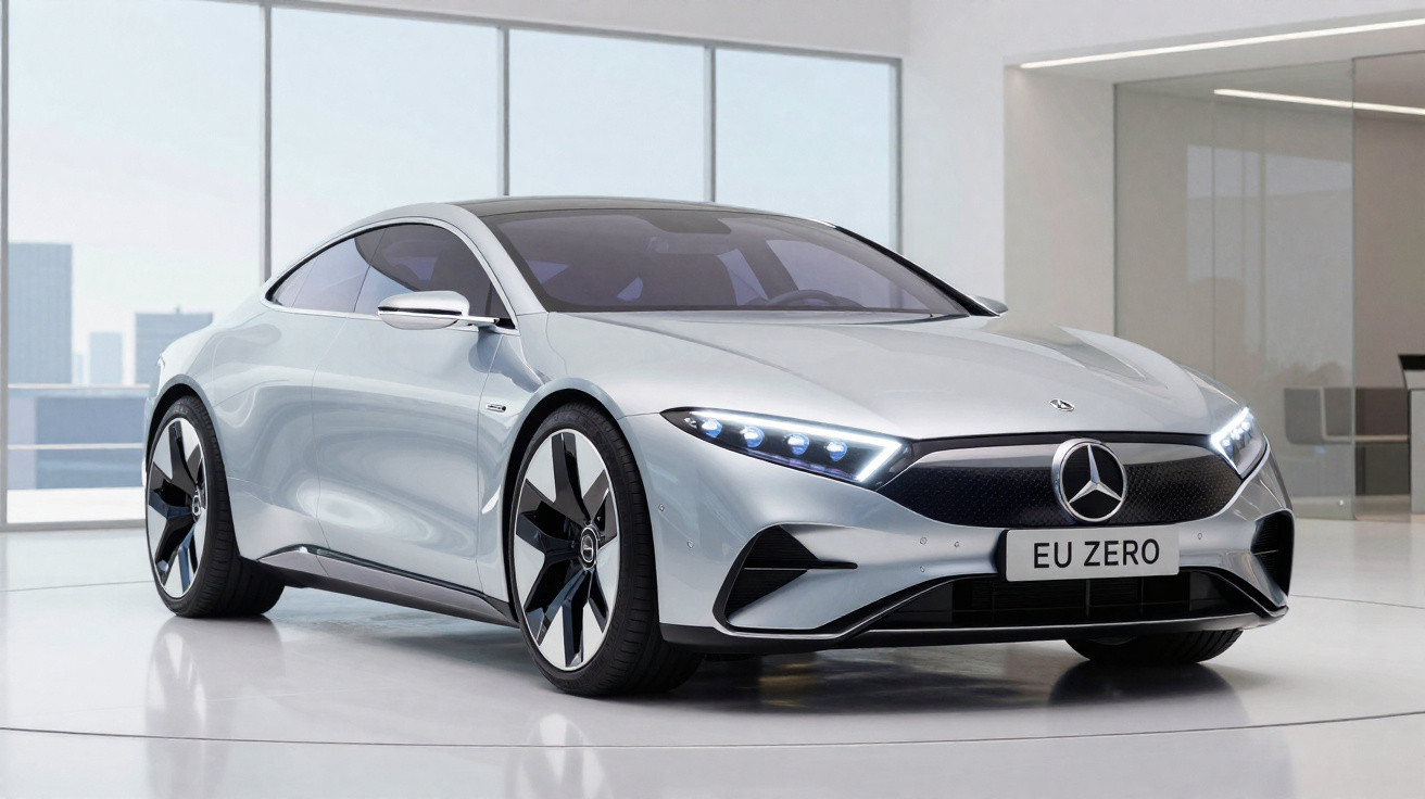 Carro desportivo eléctrico Mercedes-Benz prateado num ambiente minimalista e moderno.