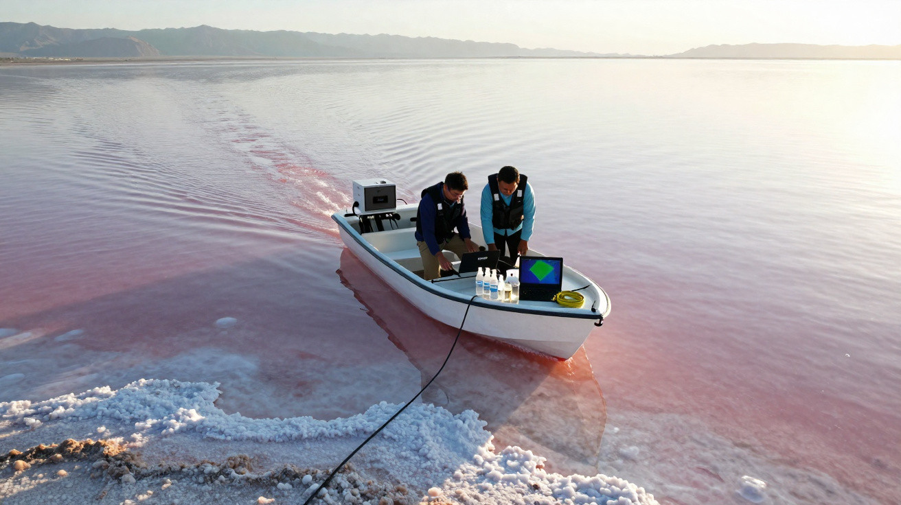 Dois pesquisadores em barco pequeno no lago salgado de cor rosa com equipamentos de monitorização ambiental.
