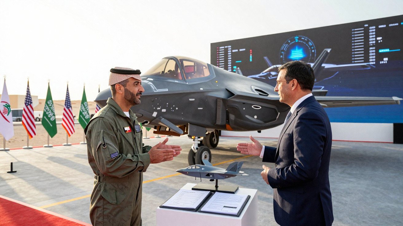 Dois homens conversam junto a um caça militar furtivo em exposição com bandeiras internacionais ao fundo.