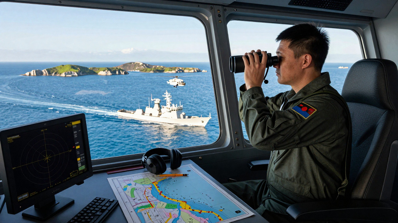 Marinheiro naval a observar com binóculos um helicóptero e um navio de guerra em alto mar a partir da ponte de comando.