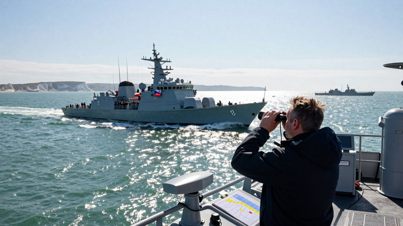 Homem observa com binóculos fragata a navegar no mar a partir de outro navio durante dia ensolarado.