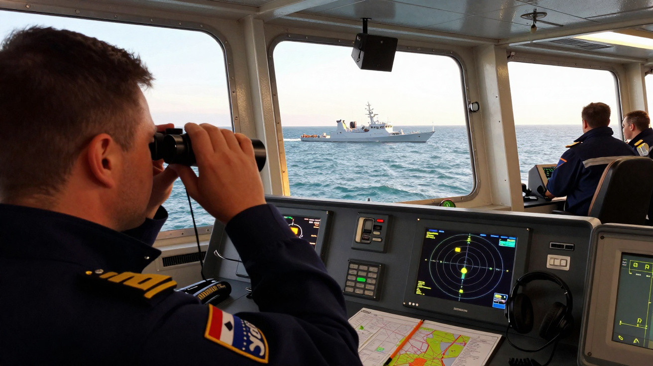 Marinheiro observa navio no mar através de binóculos numa cabine com radar e mapas náuticos.
