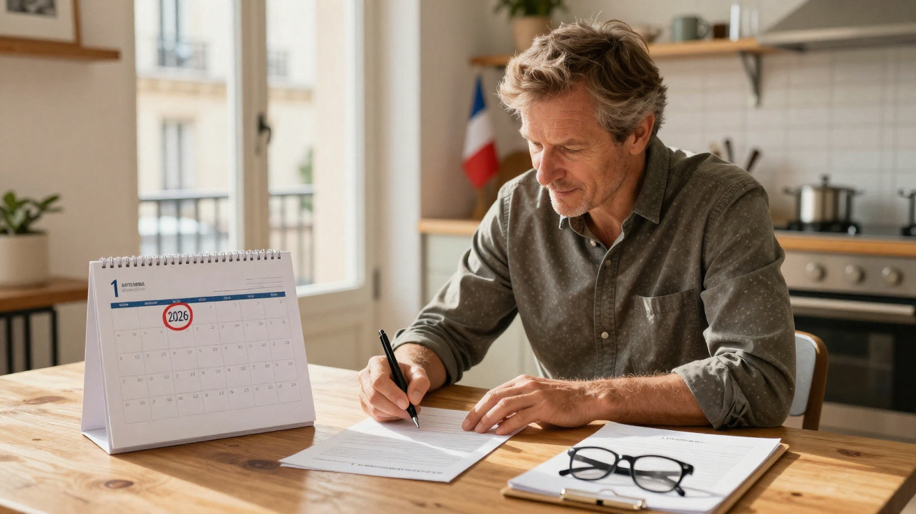 Homem sentado numa cozinha a escrever em papel com calendário assinalado no dia 1 de setembro de 2026.