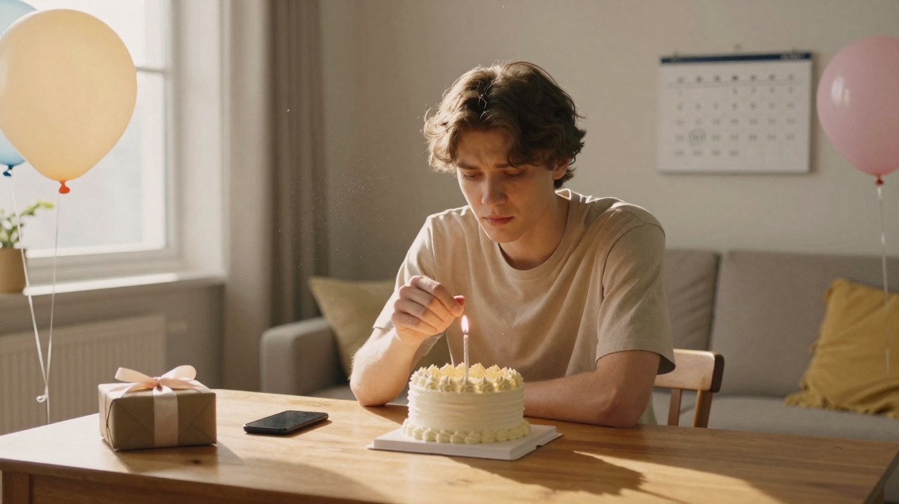 Jovem sentado à mesa a apagar vela de bolo de aniversário com presentes e balões ao lado.