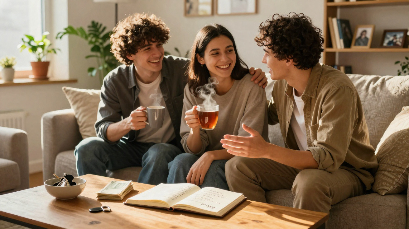 Três amigos sentados no sofá a conversar e beber chá numa sala iluminada pelo sol da manhã.