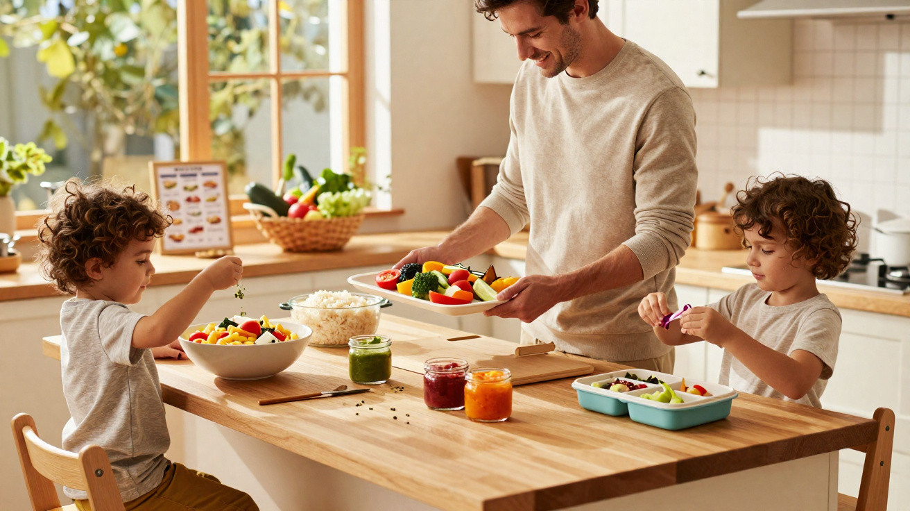 Pai e filhos envolvidos a preparar uma refeição saudável na cozinha ensolarada, com legumes e frutas frescas.
