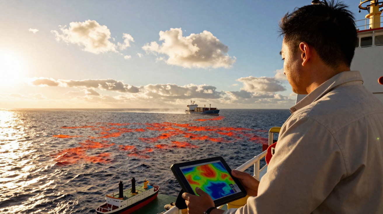 Homem com tablet observa óleo derramado no mar ao pôr do sol com barco a emitir fumo ao fundo.