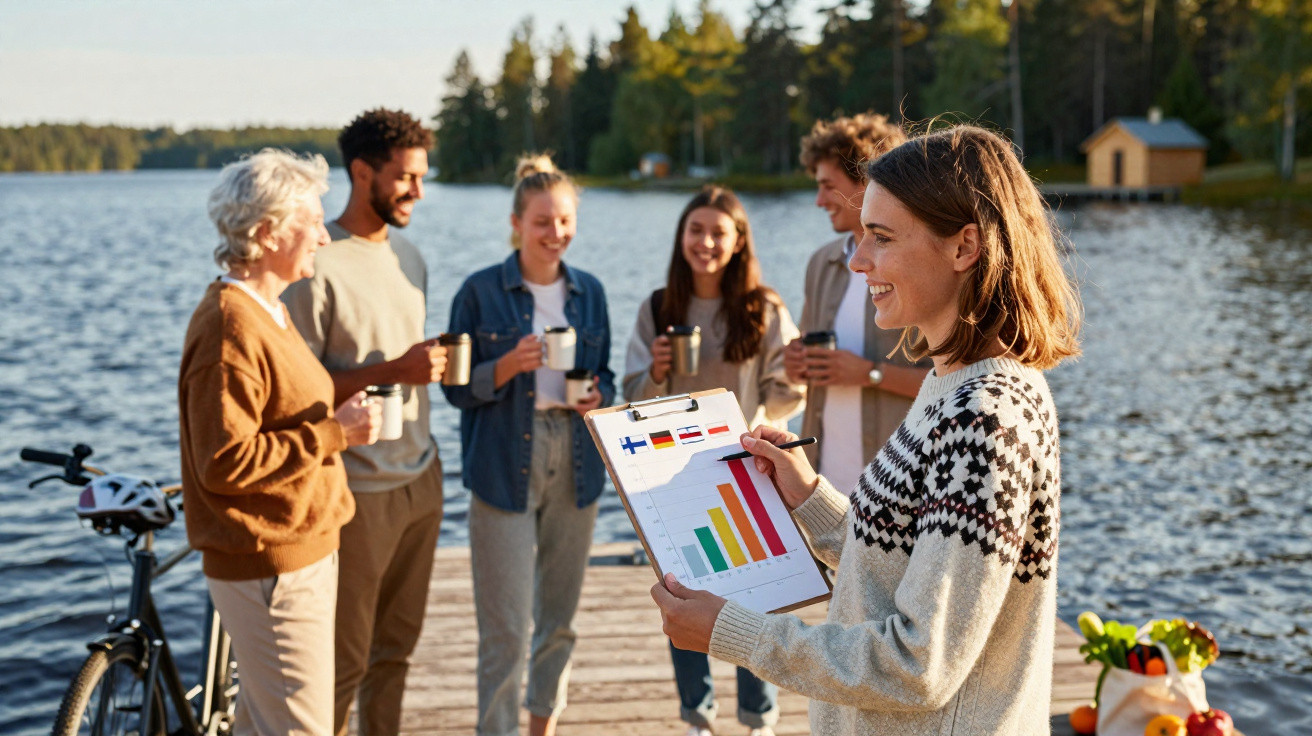 Grupo de pessoas a conversar numa doca junto a um lago, com mulher a segurar gráfico e bicicleta ao lado.