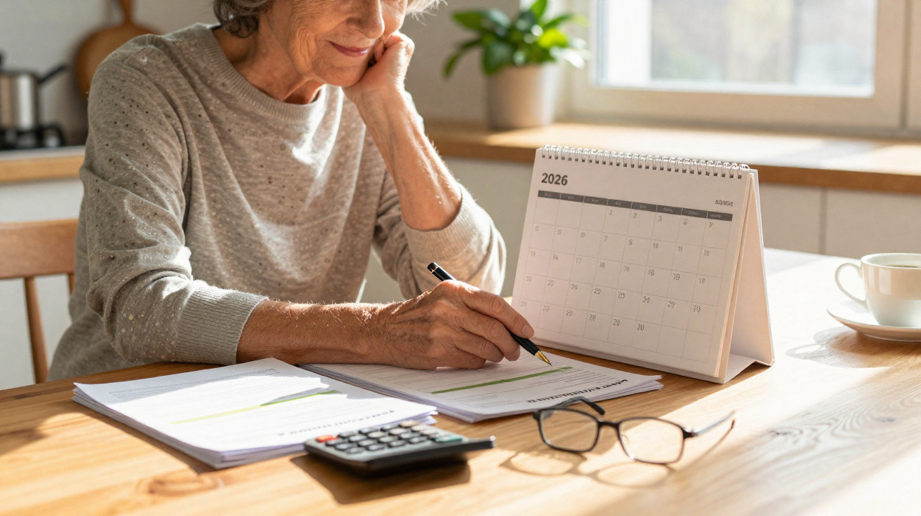 Mulher sénior a planear compromissos num calendário, com documentos, café, óculos e calculadora na mesa.