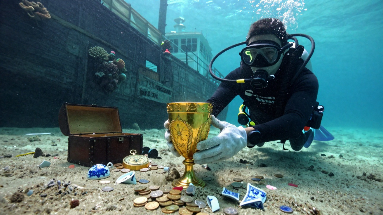 Mergulhador a recuperar um cálice dourado junto a moedas e artefactos no fundo do mar junto a um naufrágio.
