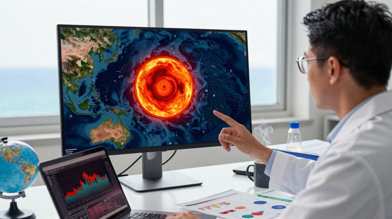 Cientista em laboratório a analisar erupção vulcânica digital num ecrã de computador.