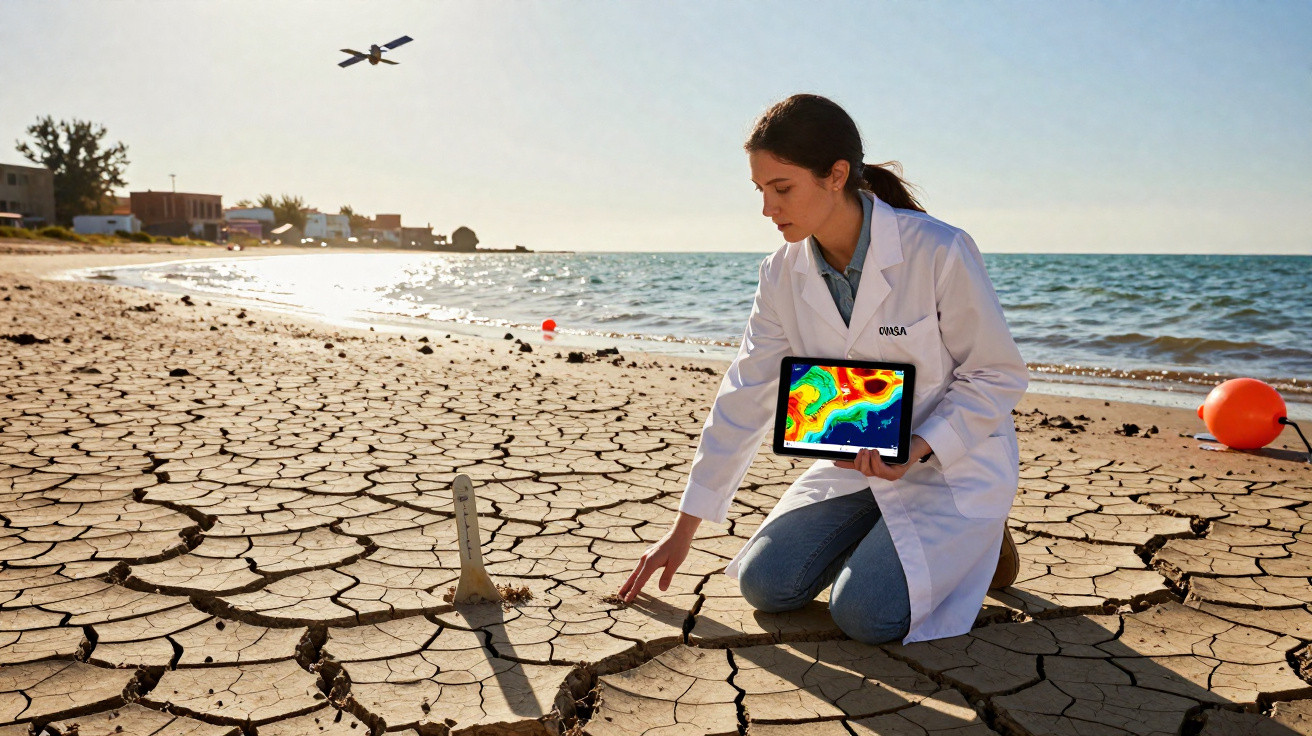 Cientista de bata branca analisa solo seco e rachado junto ao mar, segurando tablet com dados climáticos.
