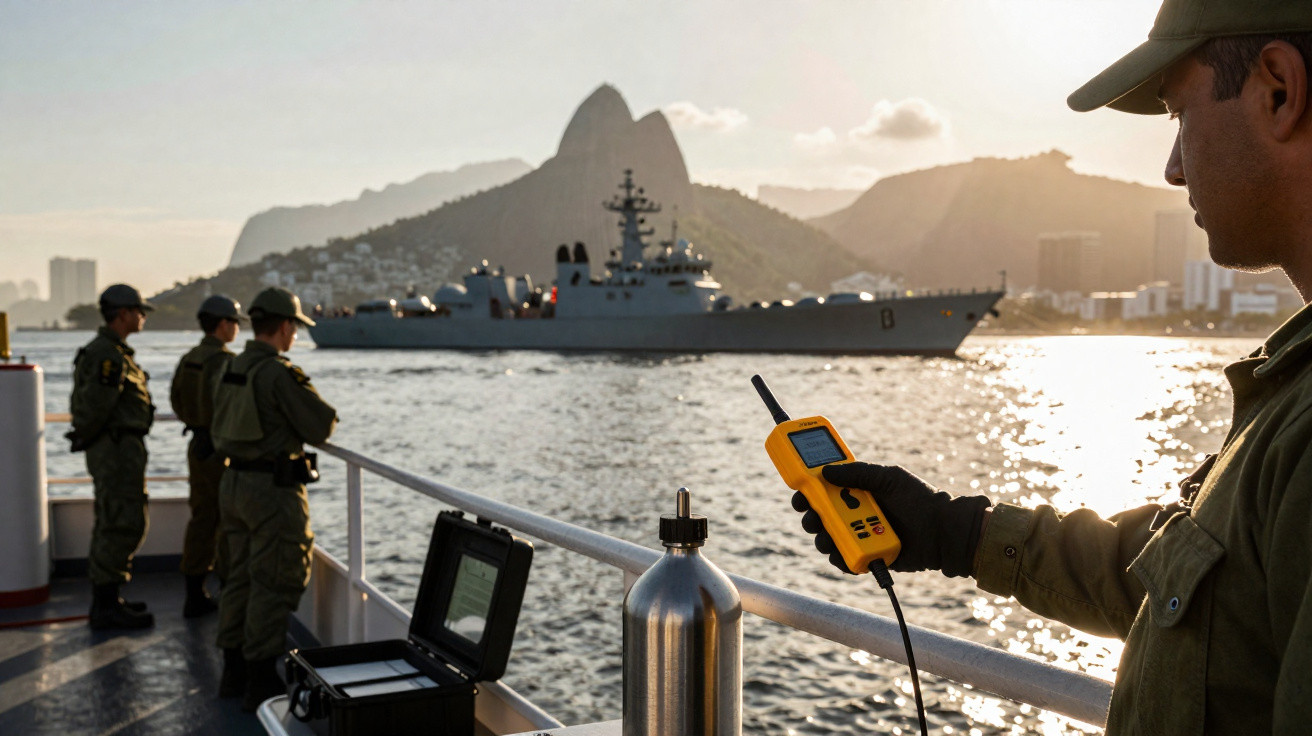 Marinha em missão no mar com navio de guerra, pessoal a observar e operador com rádio em destaque.