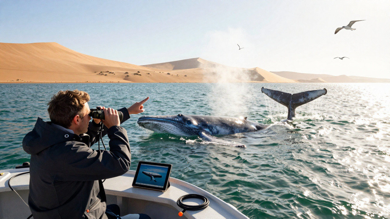 Homem observa baleias com binóculos num barco perto de dunas de areia ao pôr do sol.