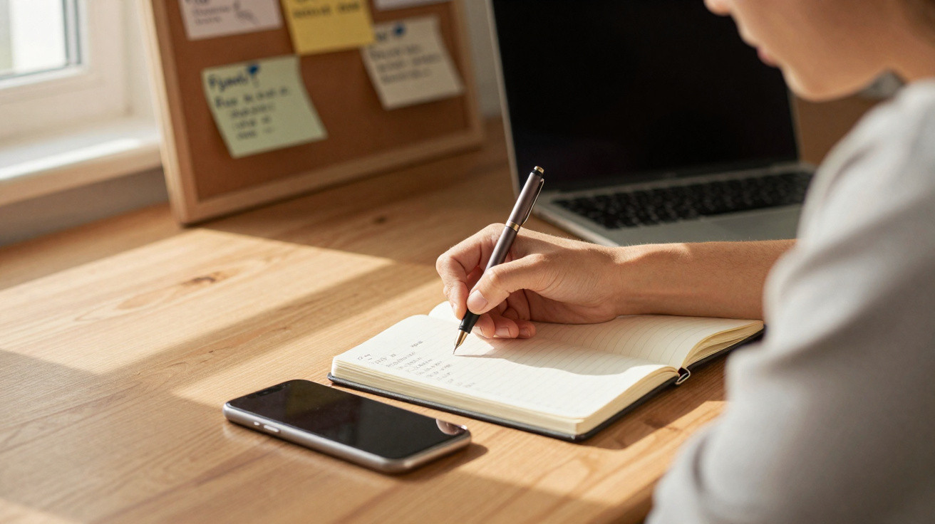Pessoa a escrever num caderno em secretária com telemóvel, computador portátil e quadro com notas coladas.