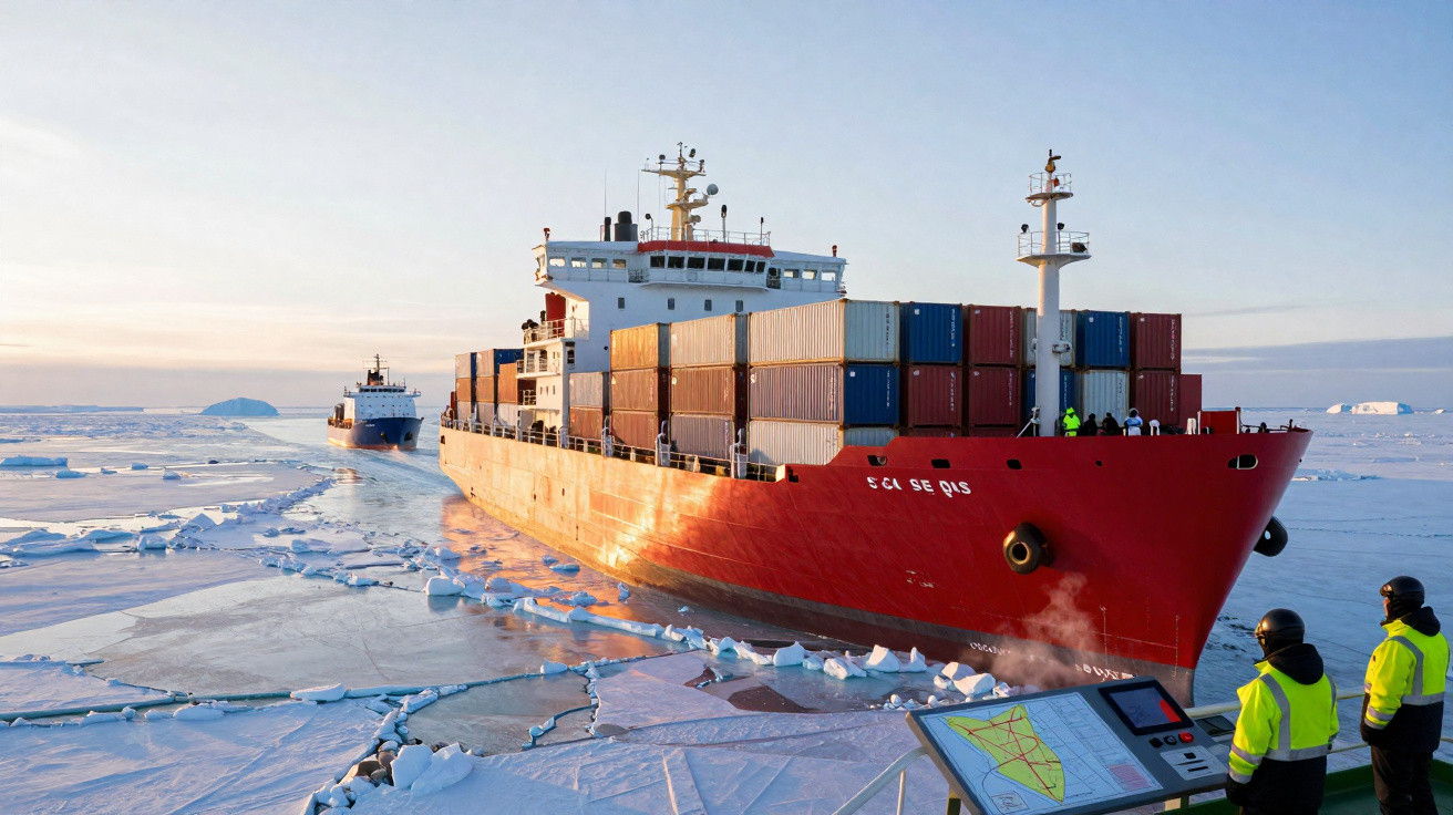 Navio cargueiro vermelho a romper gelo no mar gelado com tripulação e outro navio ao fundo.