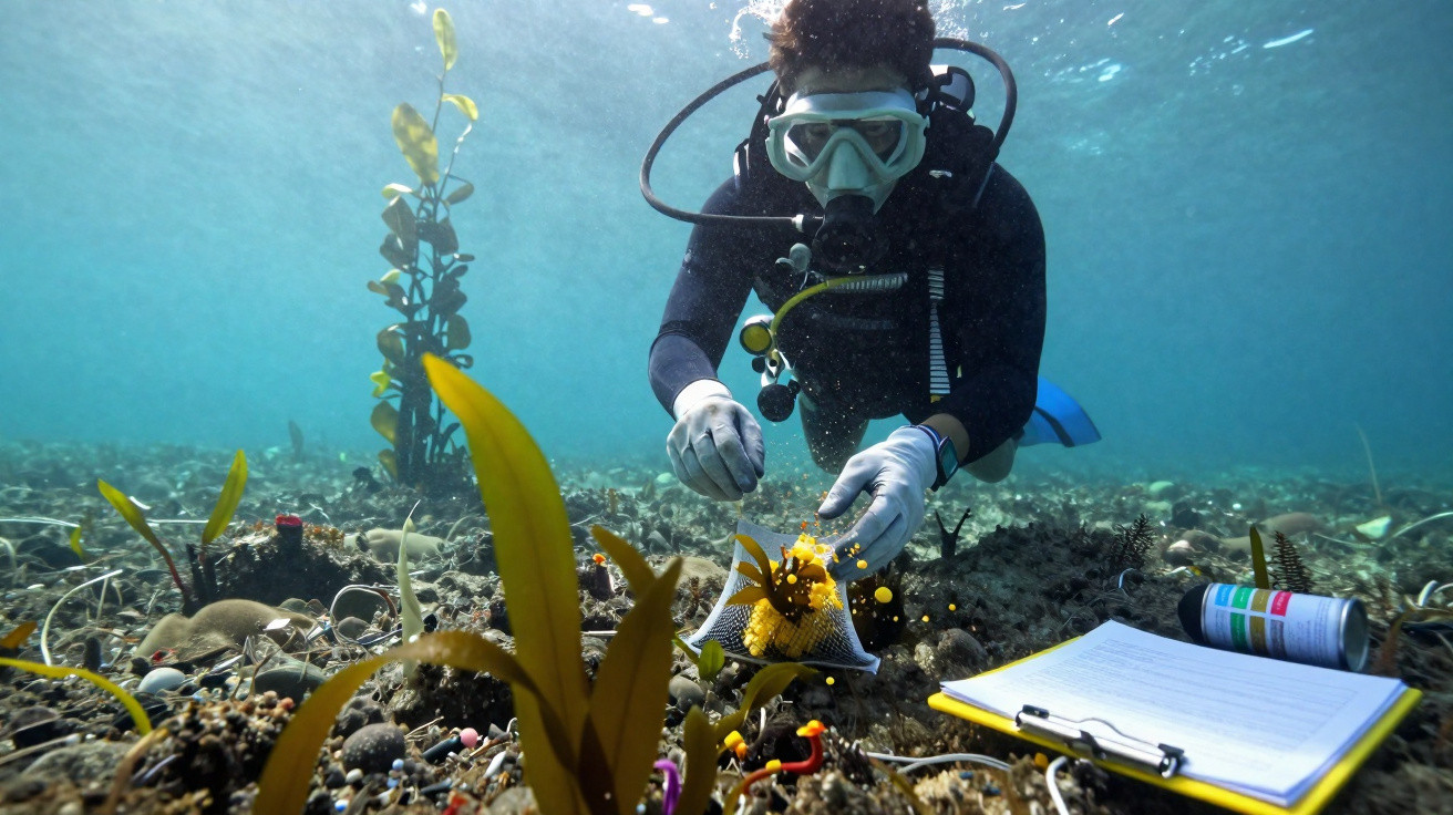 Mergulhador a recolher amostras de algas marinhas no fundo do oceano, com prancheta e lata ao lado.
