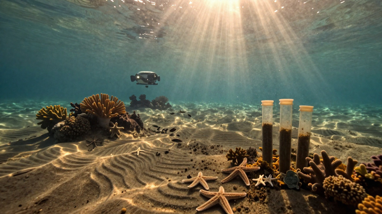 Fundo marinho com estrelas-do-mar, corais, amostras em tubos e robô subaquático a explorar luz solar.