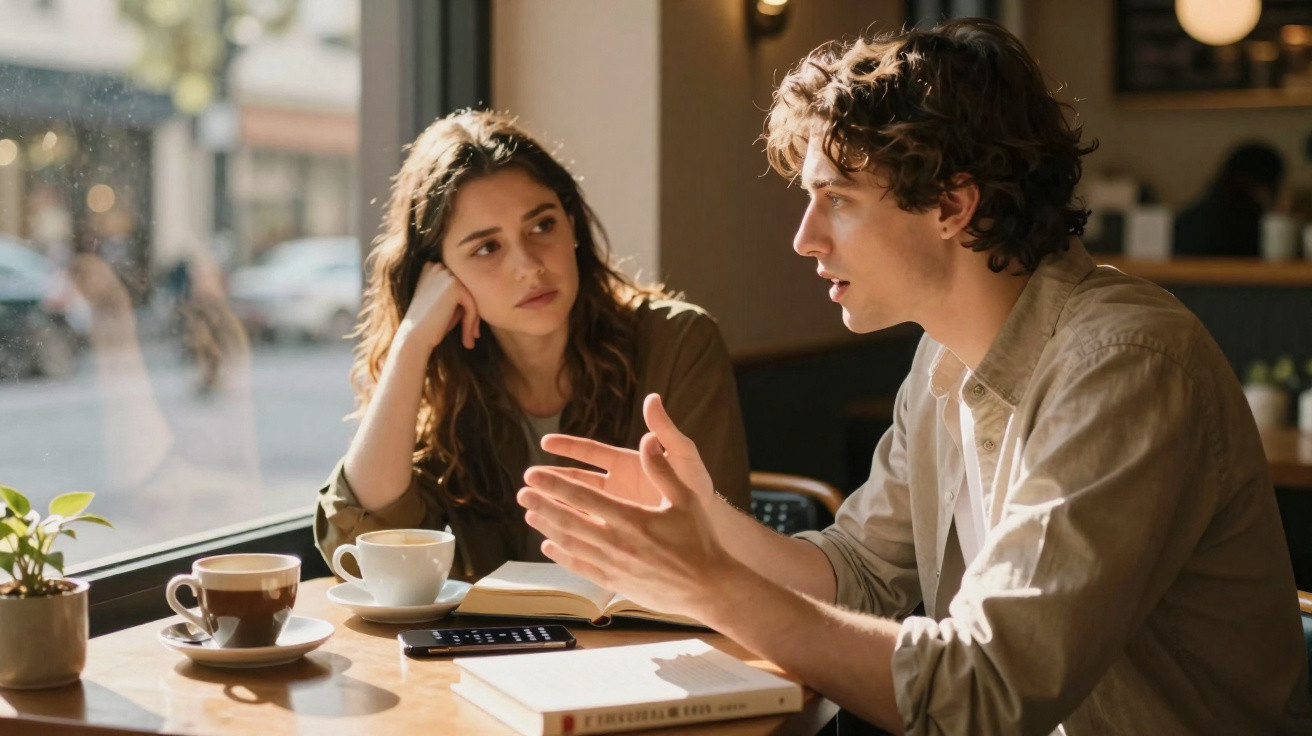 Dois jovens sentados a conversar numa mesa junto a uma janela com chávenas e um telemóvel à frente.