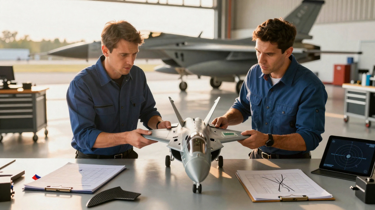 Dois engenheiros analisam modelo de avião militar numa oficina com jato a jato ao fundo.