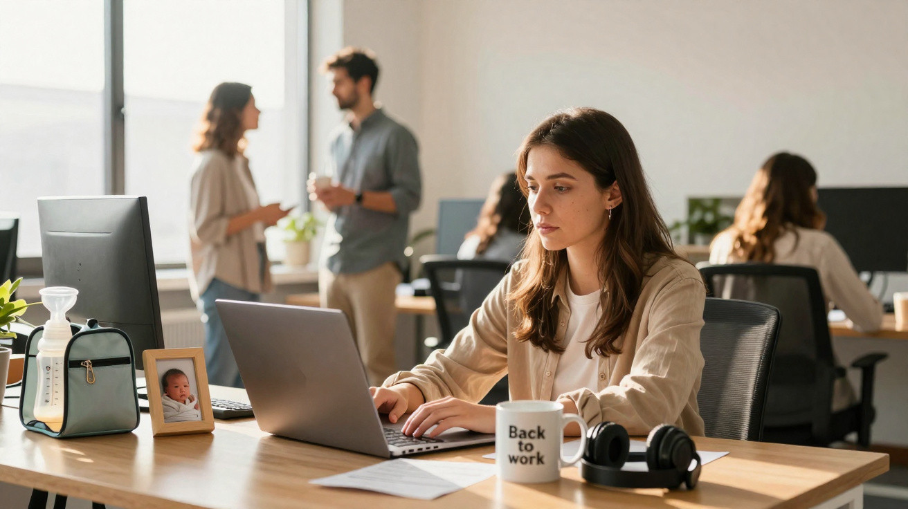 Mulher a trabalhar em escritório com computador portátil, caneca "Back to work" e colegas ao fundo a conversar.