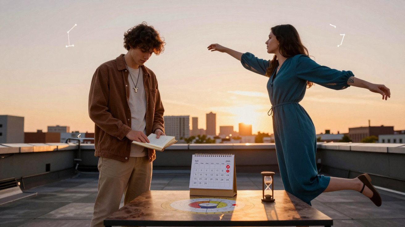 Jovem a ler um livro numa esplanada ao pôr do sol, mulher de braços abertos a dançar atrás.