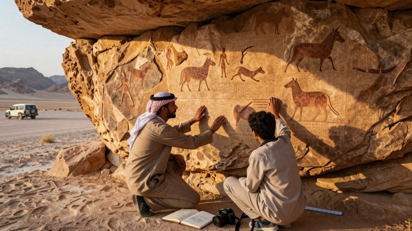 Dois homens observam pinturas rupestres de camelos e inscrições num abrigo rochoso no deserto.