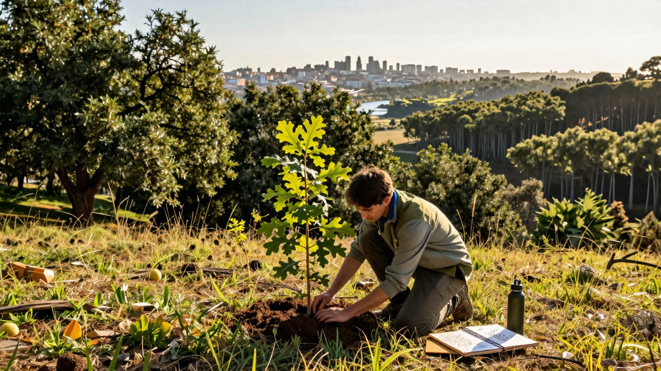 Homem planta árvore jovem num campo com cidade ao longe num dia de sol.