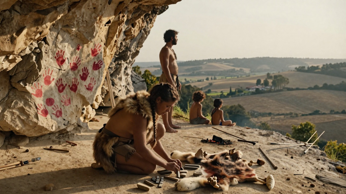 Pessoas vestidas com peles pré-históricas dentro de uma caverna decorada com mãos vermelhas, vistas para a paisagem rural.