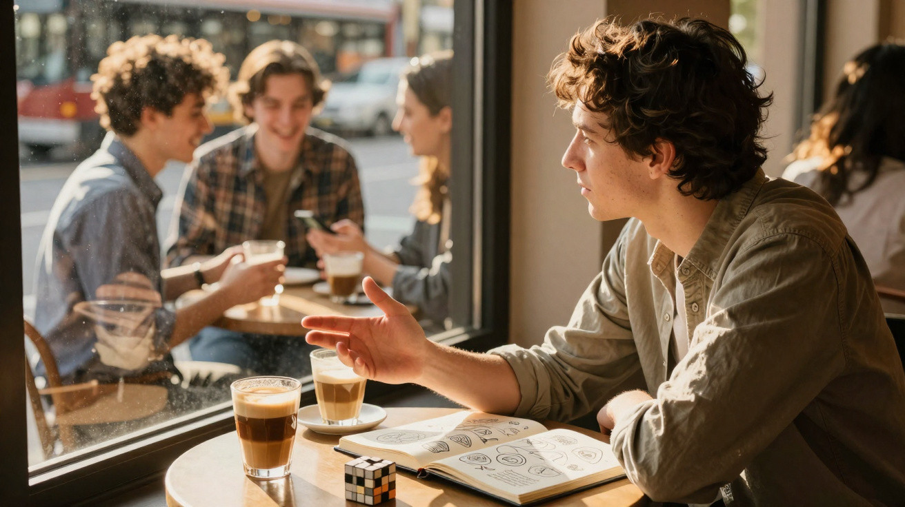 Duas pessoas conversam numa mesa com café, caderno e cubo mágico num café com janela grande.