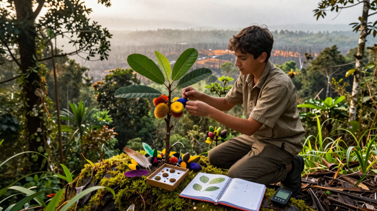 Jovem a estudar plantas e frutas numa floresta, com caderno botânico aberto e equipamento de campo.