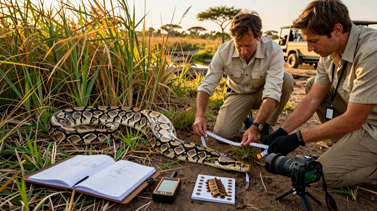 Dois investigadores medem uma grande cobra reticulada numa savana, com equipamento de pesquisa e caderno aberto.