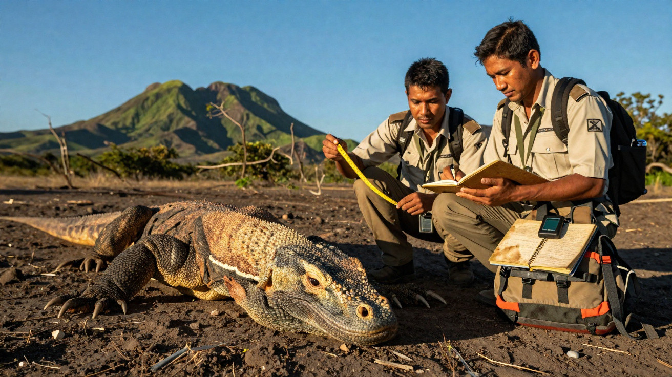 Dois cientistas medem e observam um dragão-de-komodo numa área vulcânica com montanha ao fundo.