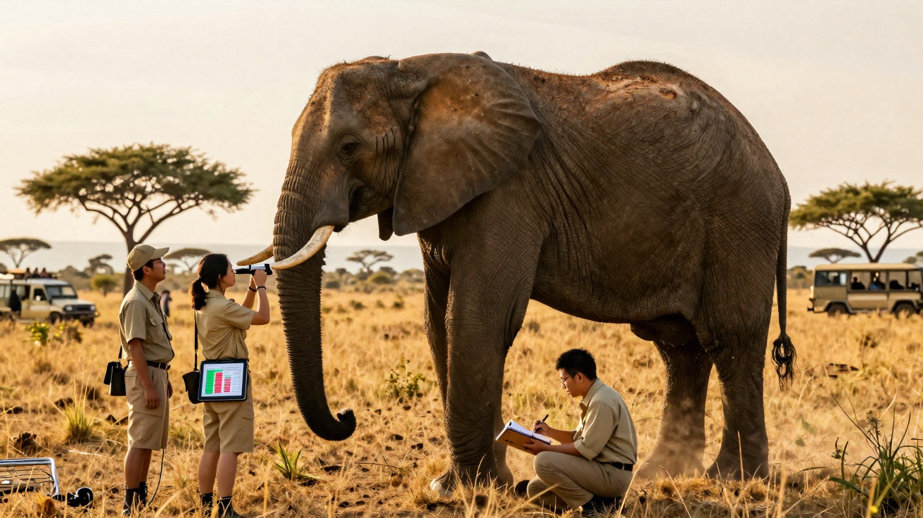 Quatro investigadores analisam elefante na savana com árvores dispersas ao pôr do sol.